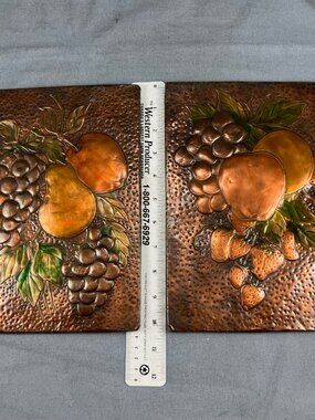 Vtg Set of 2 Copper Picture Plaque Fruit Hand Tooled  7.5" x 10"